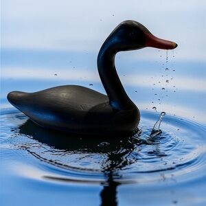 Vintage Hand Carved and Signed Black Swan with Red Beak